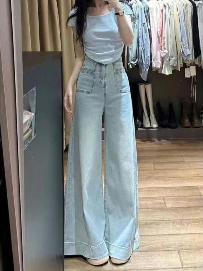 Quần jean ống siêu rộng cạp cao phối túi trước phong cách Retro QJ106240