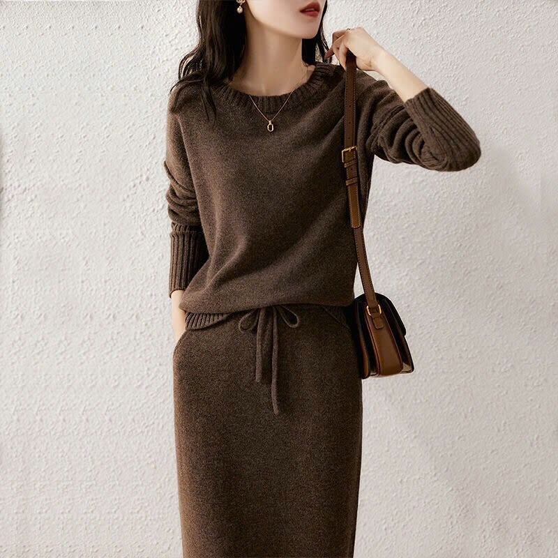 Váy dệt kim mùa thu đông hai mảnh chân váy dài xu hướng D433240