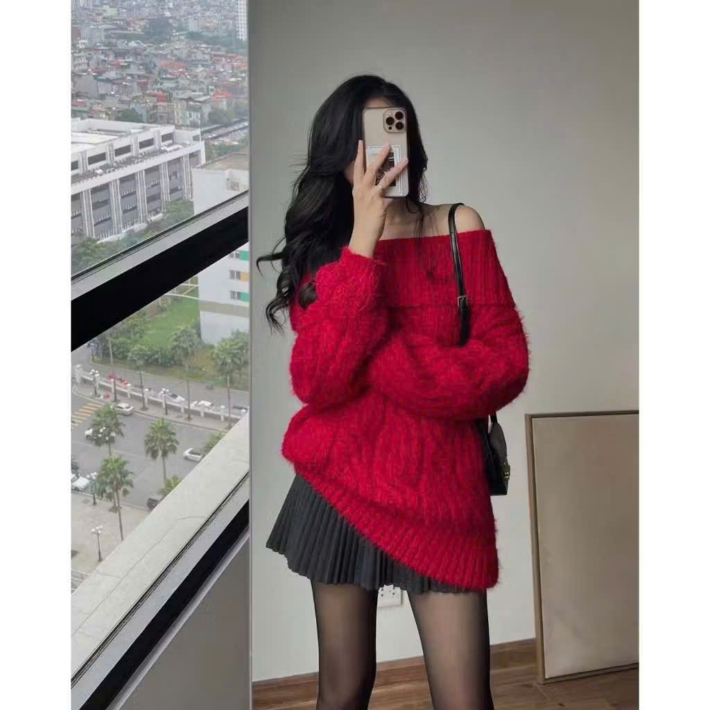 Áo Len lông thỏ thừng trễ vai tay dài màu đỏ Hottrend QC TD107240