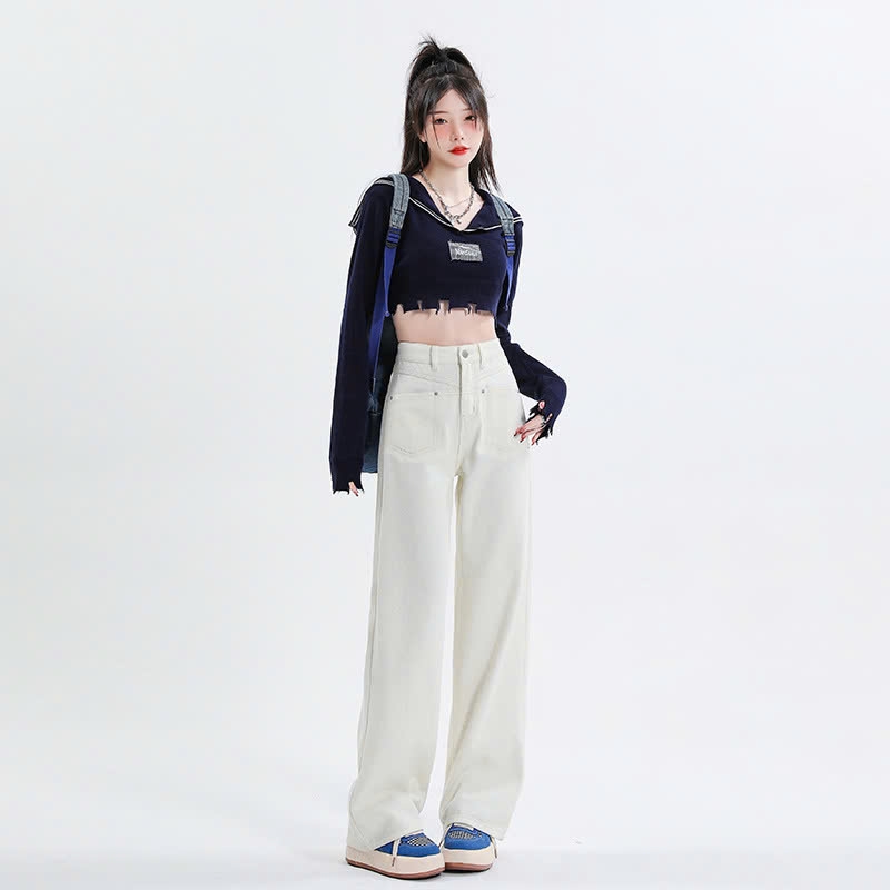 Quần jean cạp cao dáng suông dài QJ138240