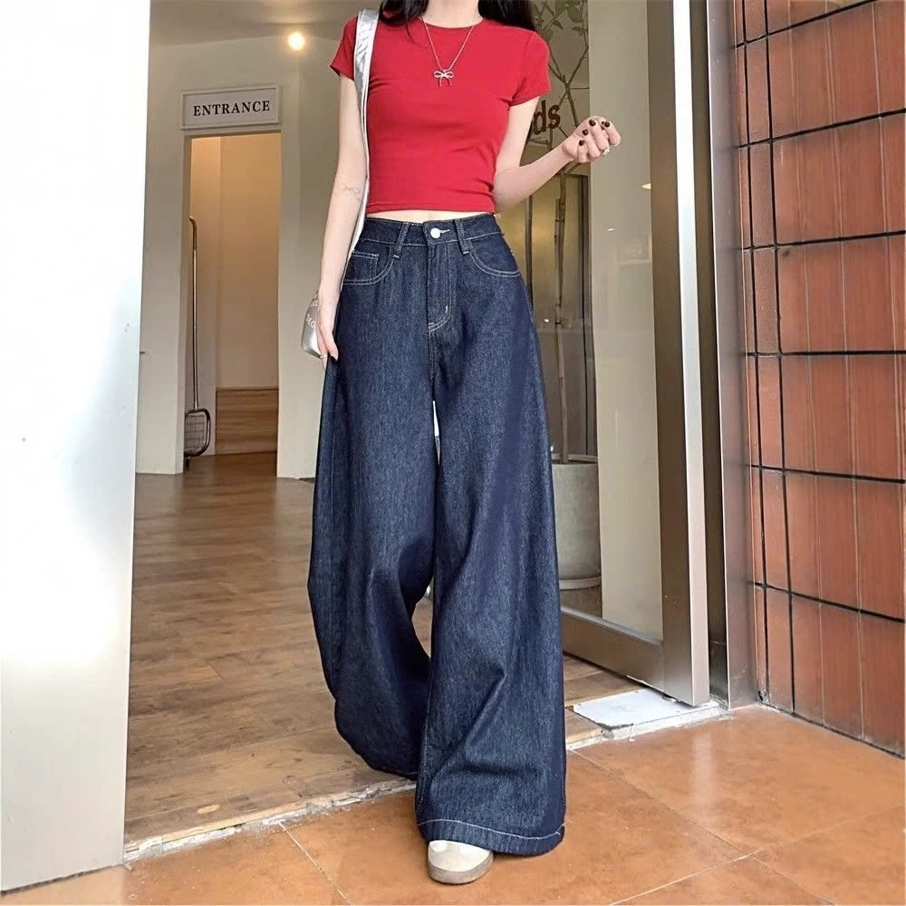 Quần jeans ống rộng cạp cao màu Xanh đậm ống rộng Quảng Châu QJ052250
