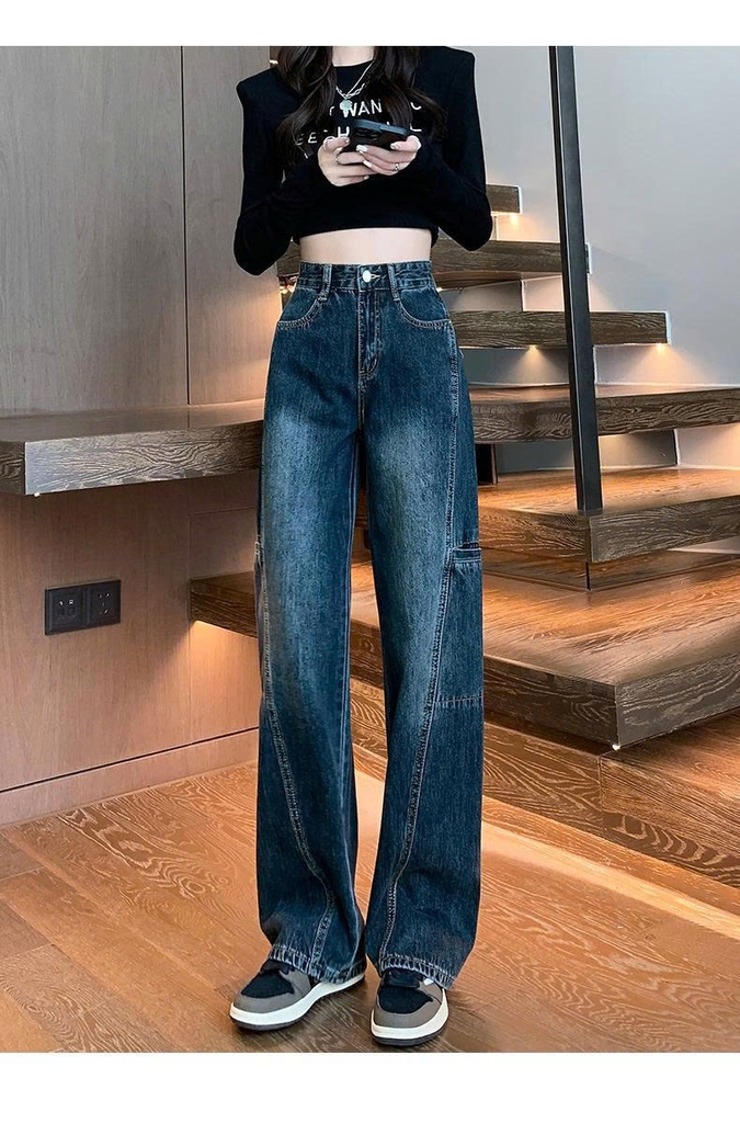 Quần jeans ống rộng công sở cổ điển nữ mùa thu 2024, thiết kế ống đứng Quảng Châu QJ062250