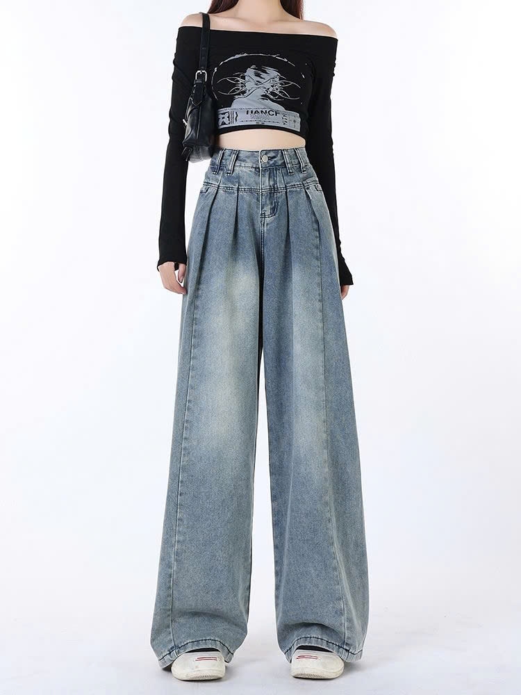 Quần jeans ống rộng cạp cao che hông phong cách retro Mỹ nữ mùa hè xếp ly Quảng Châu QJ063250