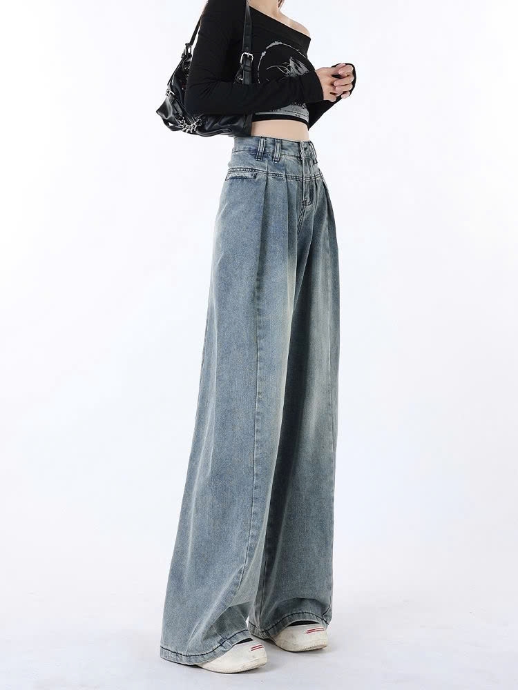 Quần jeans ống rộng cạp cao che hông phong cách retro Mỹ nữ mùa hè xếp ly Quảng Châu QJ063250