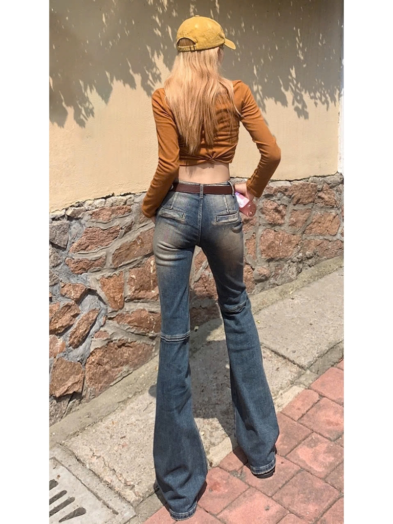 Quần jeans rách phong cách Mỹ hot girl cho nữ, ống loe ôm vừa vặn, retro tôn dáng Quảng Châu QJ064250