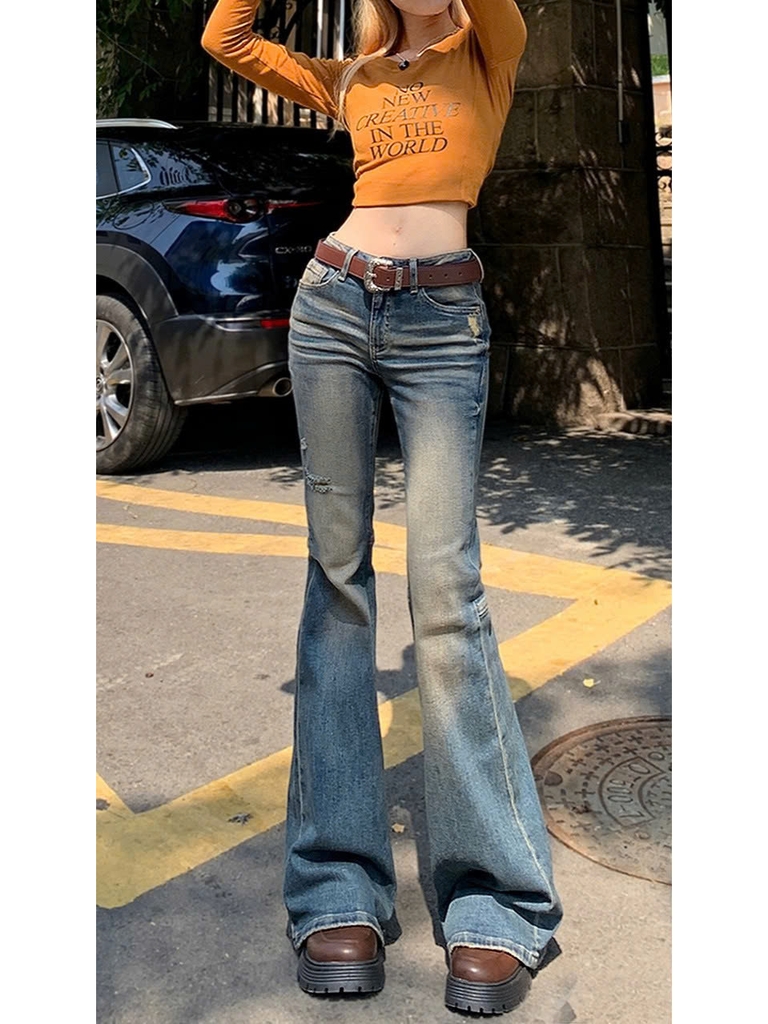 Quần jeans rách phong cách Mỹ hot girl cho nữ, ống loe ôm vừa vặn, retro tôn dáng Quảng Châu QJ064250
