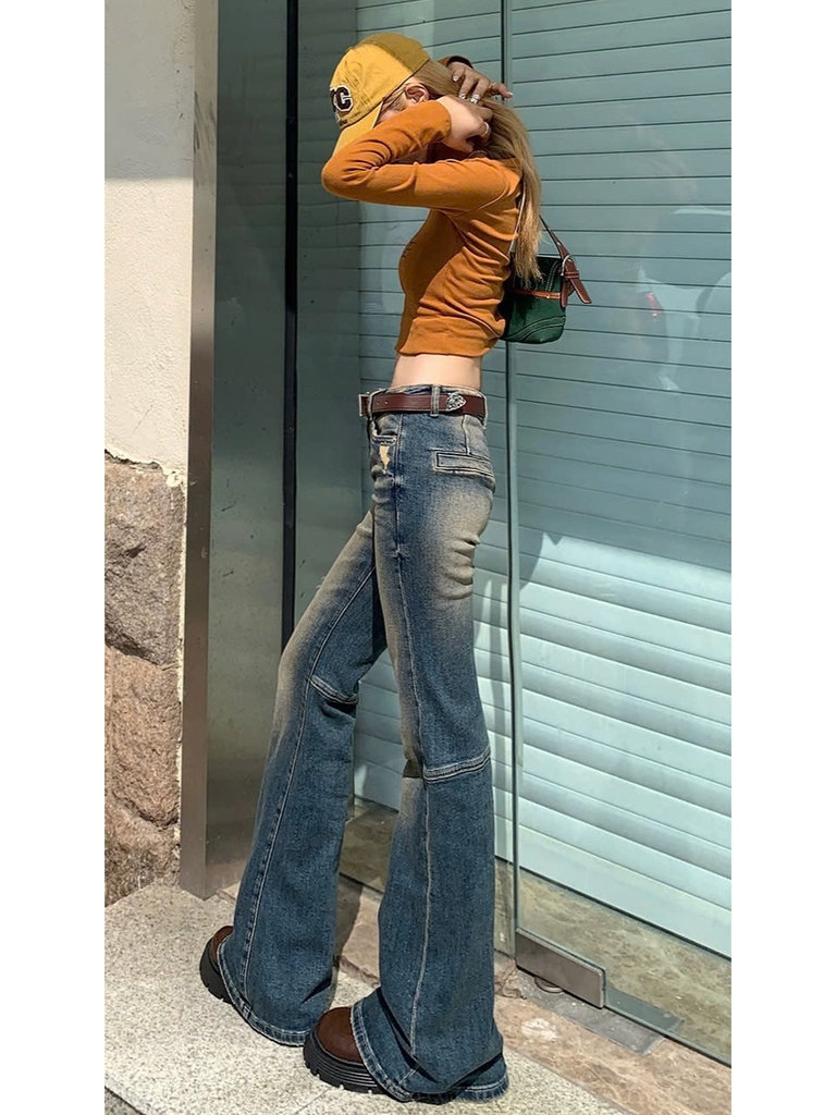 Quần jeans rách phong cách Mỹ hot girl cho nữ, ống loe ôm vừa vặn, retro tôn dáng Quảng Châu QJ064250