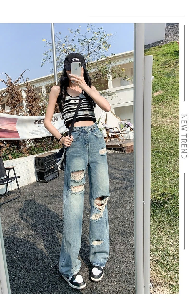 Quần jeans rách beggar nữ mùa hè 2024, mỏng nhẹ, cạp cao ôm sát Quảng Châu QJ065250