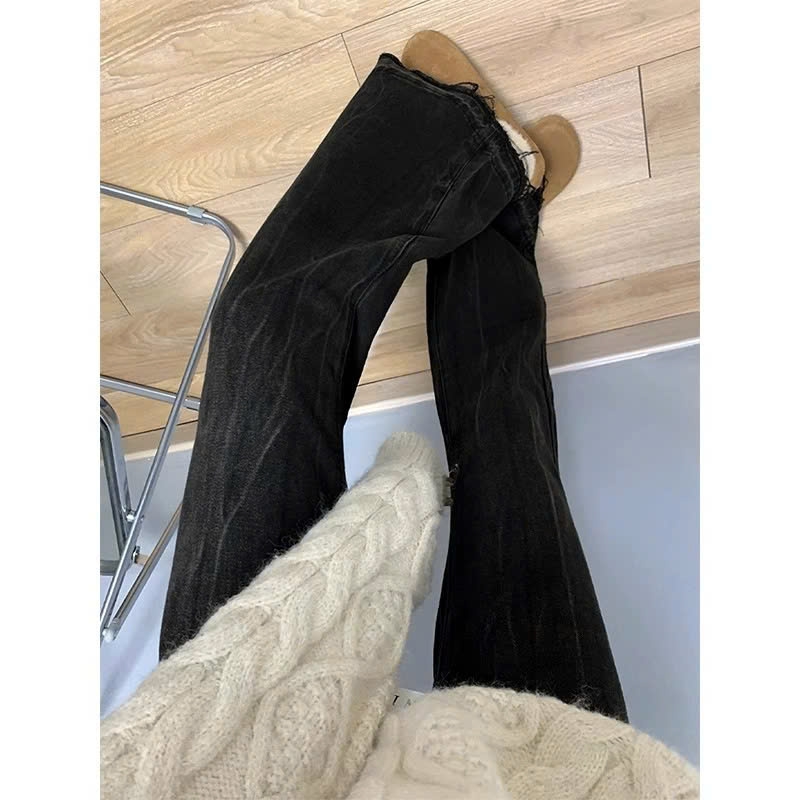 Quần jeans ống loe đen xám cổ điển cho nữ mùa xuân thu, phong cách Mỹ, cạp cao, ống rộng QJ067250