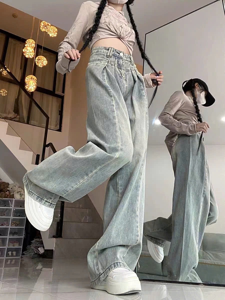 Quần jeans ống rộng cạp cao màu sáng cổ điển dành cho nữ 2024, thiết kế xếp ly mỏng thiết kế mới QJ068250