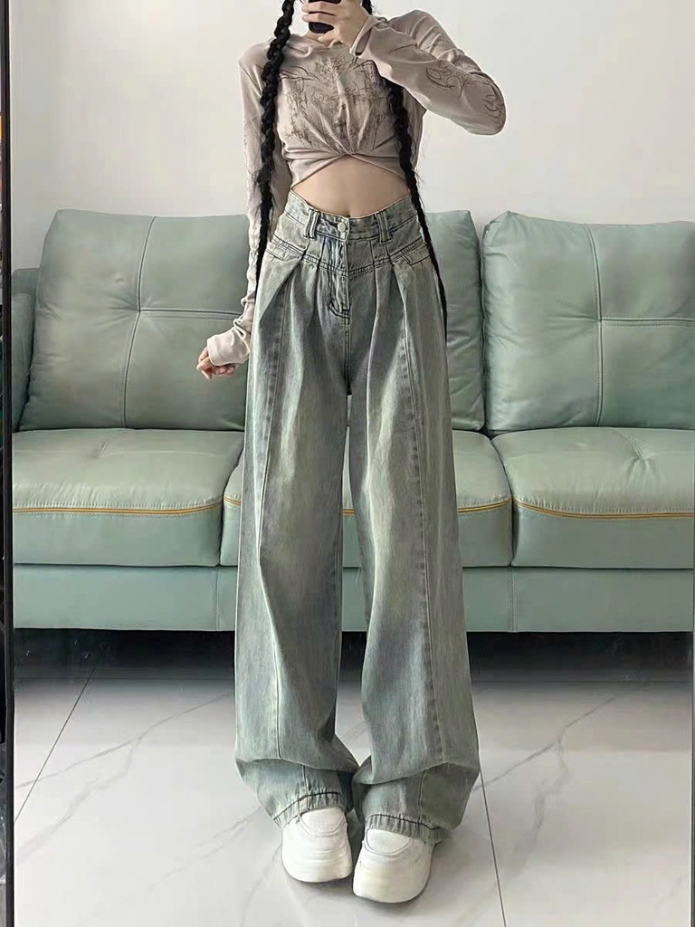 Quần jeans ống rộng cạp cao màu sáng cổ điển dành cho nữ 2024, thiết kế xếp ly mỏng thiết kế mới QJ068250