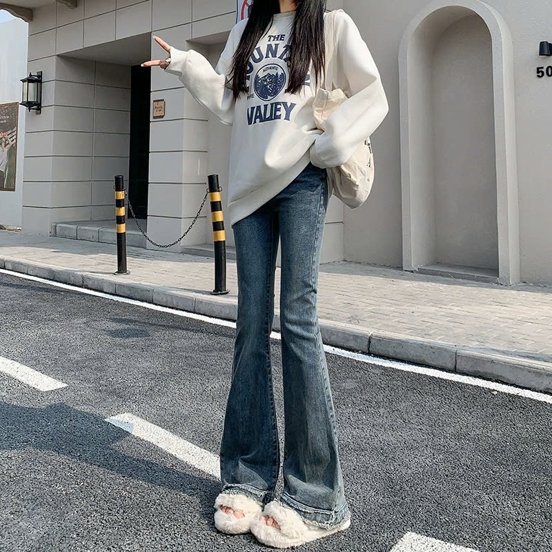 Quần jeans ống loe cạp cao màu xanh cổ điển, thiết kế mới, phong cách hot girl thời thượng QJ069250