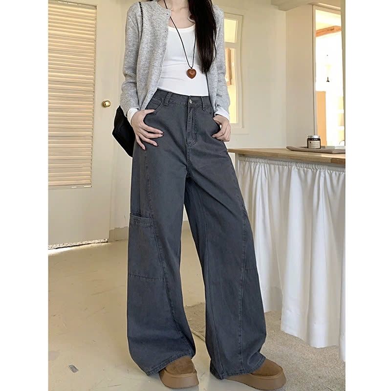 Quần jeans ống rộng cạp cao đi làm mùa xuân thu, thiết kế mới, màu xám thanh lịch, viền tinh tế QJ072250