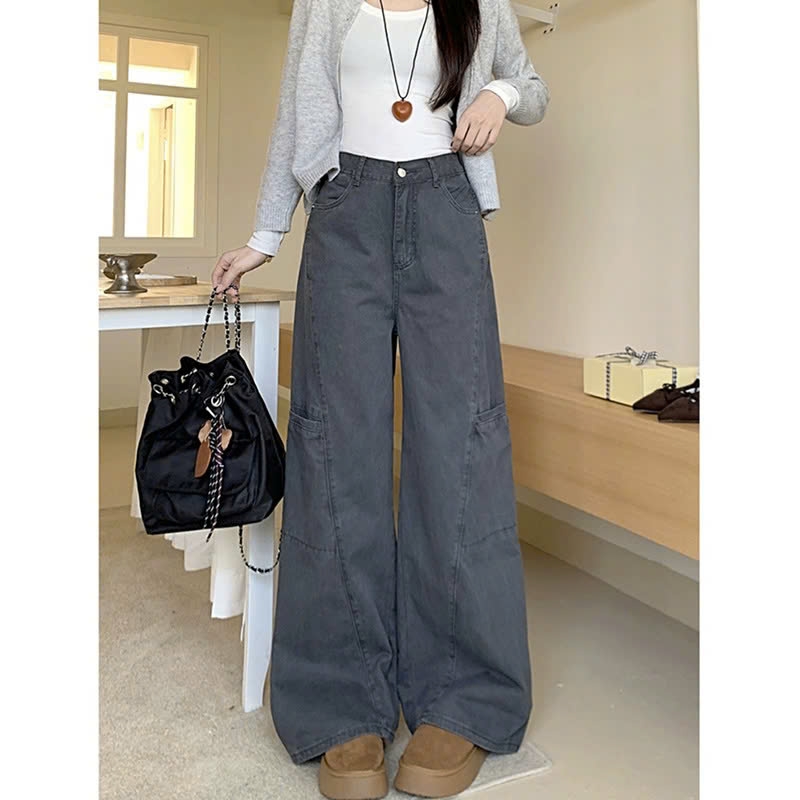 Quần jeans ống rộng cạp cao đi làm mùa xuân thu, thiết kế mới, màu xám thanh lịch, viền tinh tế QJ072250