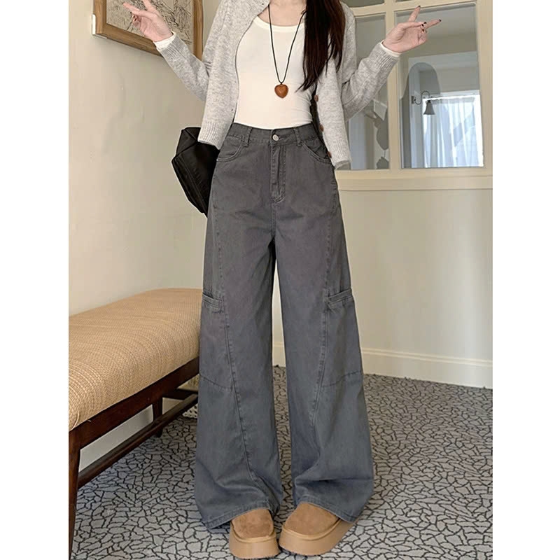 Quần jeans ống rộng cạp cao đi làm mùa xuân thu, thiết kế mới, màu xám thanh lịch, viền tinh tế QJ072250