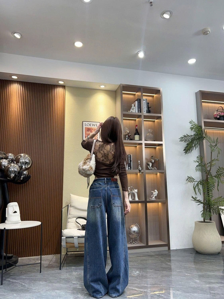 Quần jeans ống rộng thời trang cá tính mùa xuân thu mới, chất liệu cao cấp, rộng rãi, phong cách Hồng Kông QJ074240