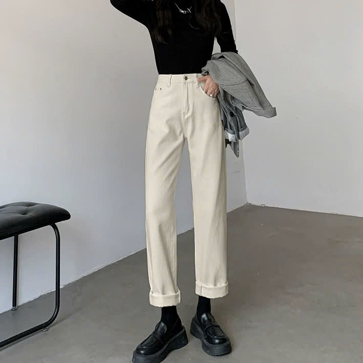 Quần jeans nữ ống rộng lưng cao mùa thu đông, thiết kế ống đứng ôm, tôn dáng, phong cách thời trang QJ077250