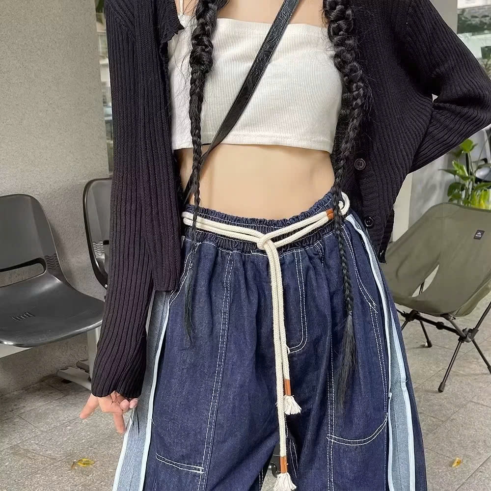 Quần jeans cạp chun, ống rộng cạp cao màu xanh phối viền sọc, thời trang QJ087250