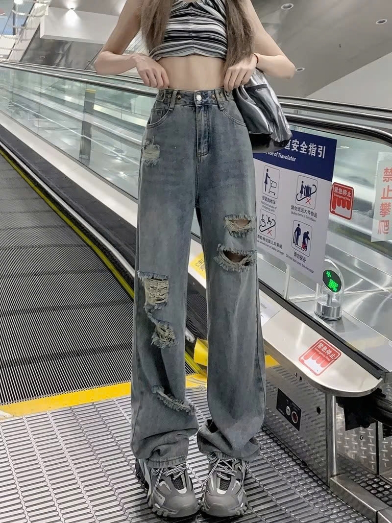 Quần jeans ống rộng cạp cao ống đứng rách gối, phong cách trẻ trung, thời trang QJ090250