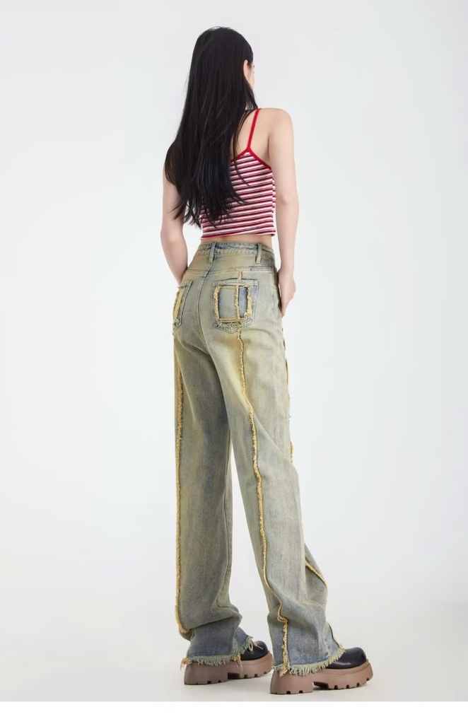Quần jeans rách phong cách đường phố quần ống đứng đơn giản, rộng rãi QJ098250