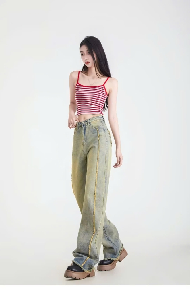 Quần jeans rách phong cách đường phố quần ống đứng đơn giản, rộng rãi QJ098250