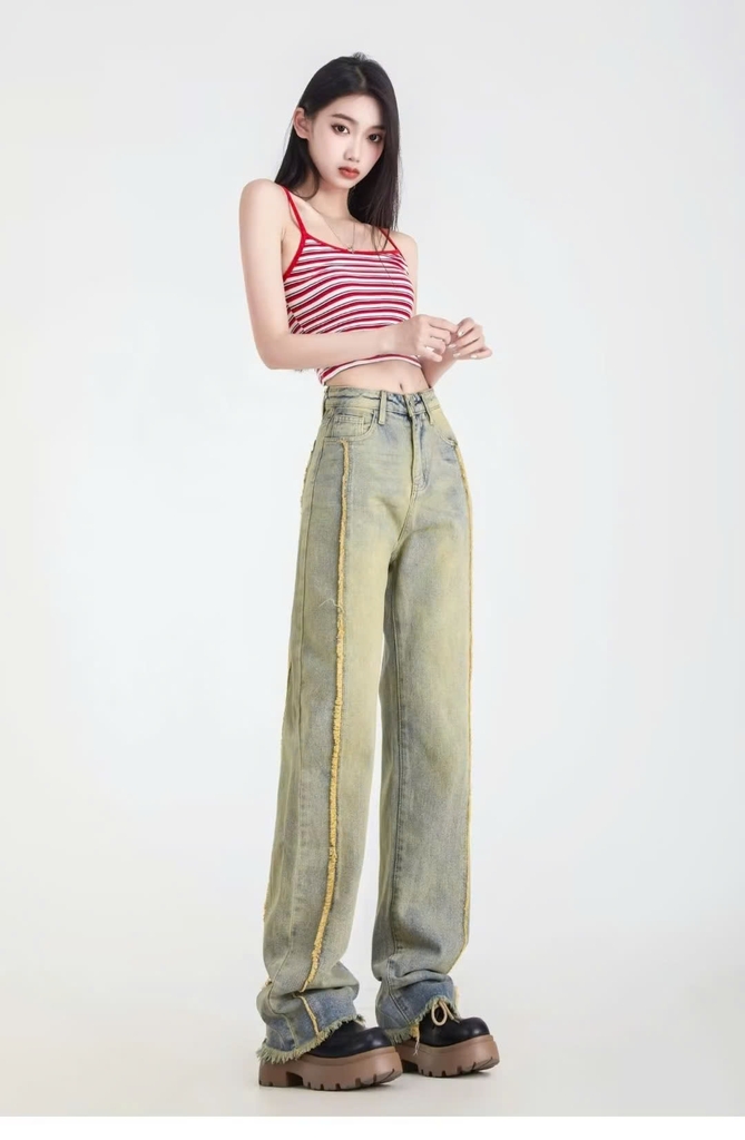Quần jeans rách phong cách đường phố quần ống đứng đơn giản, rộng rãi QJ098250