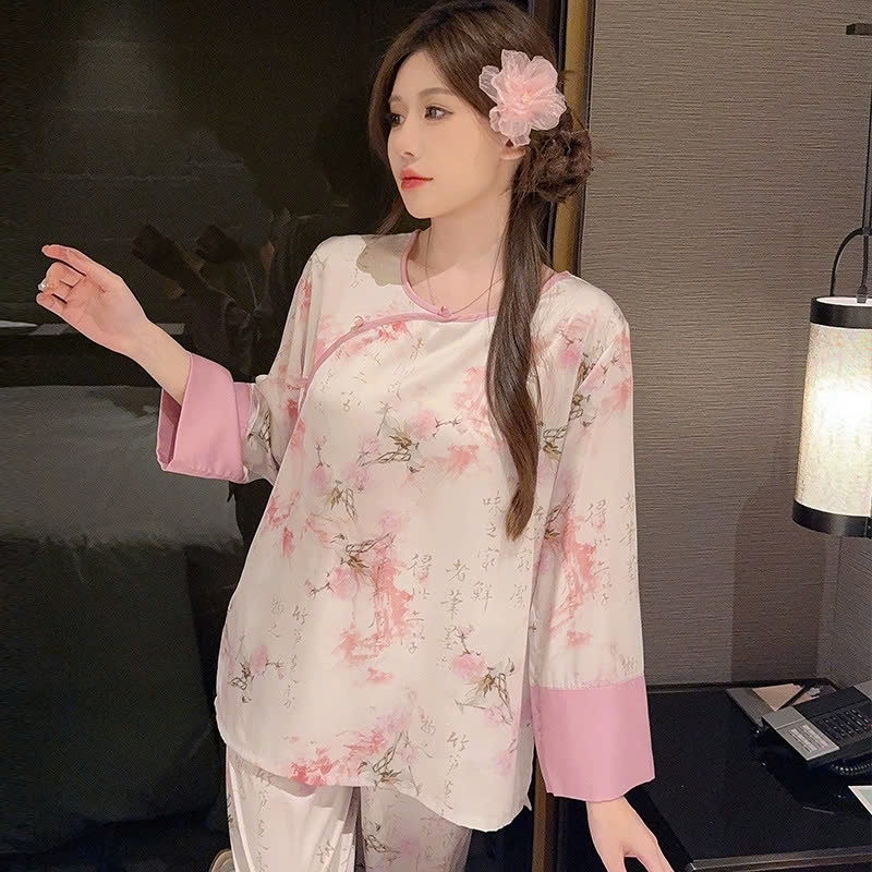 Bộ đồ ngủ phong cách dân tộc Trung Quốc nữ lụa băng cỡ lớn, mỏng nhẹ, rộng rãi DN117250