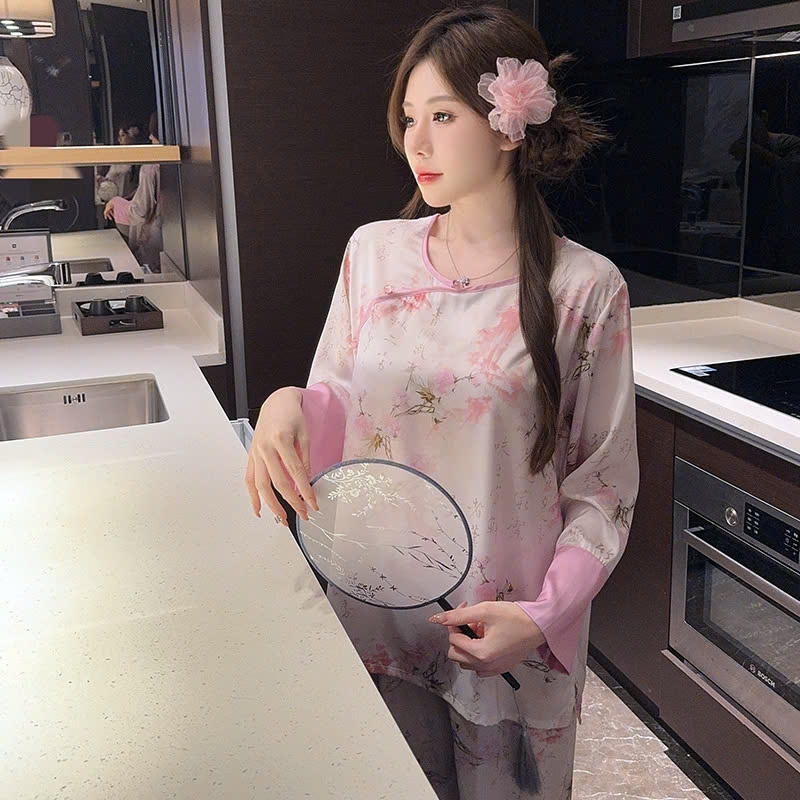 Bộ đồ ngủ phong cách dân tộc Trung Quốc nữ lụa băng cỡ lớn, mỏng nhẹ, rộng rãi DN117250