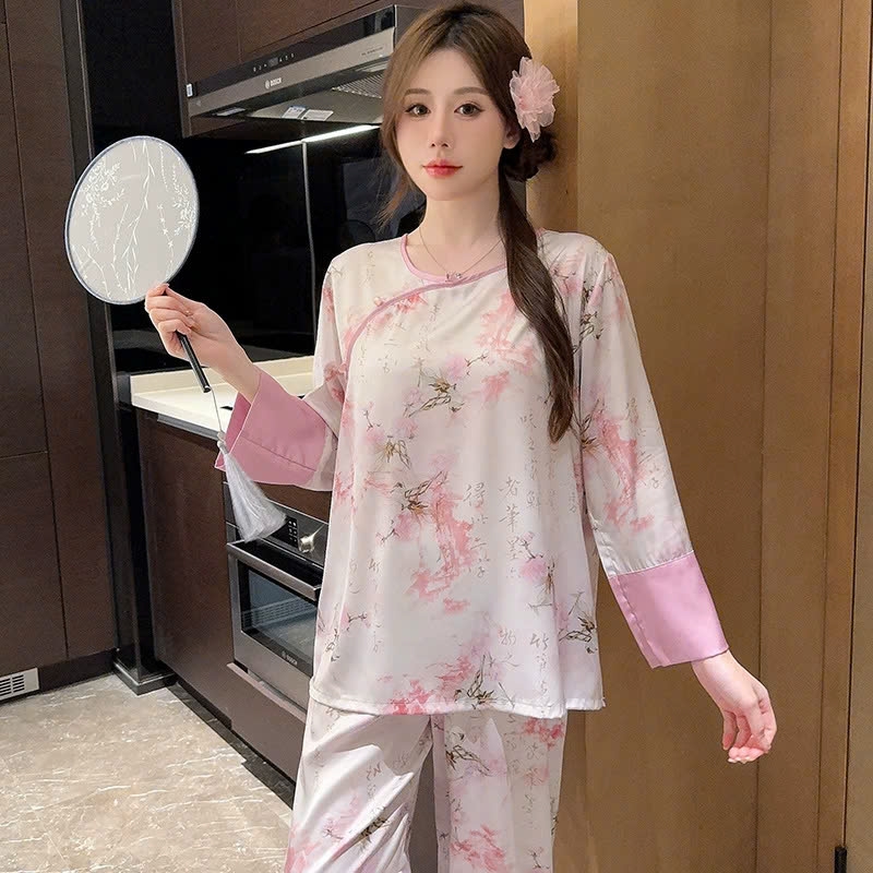 Bộ đồ ngủ phong cách dân tộc Trung Quốc nữ lụa băng cỡ lớn, mỏng nhẹ, rộng rãi DN117250