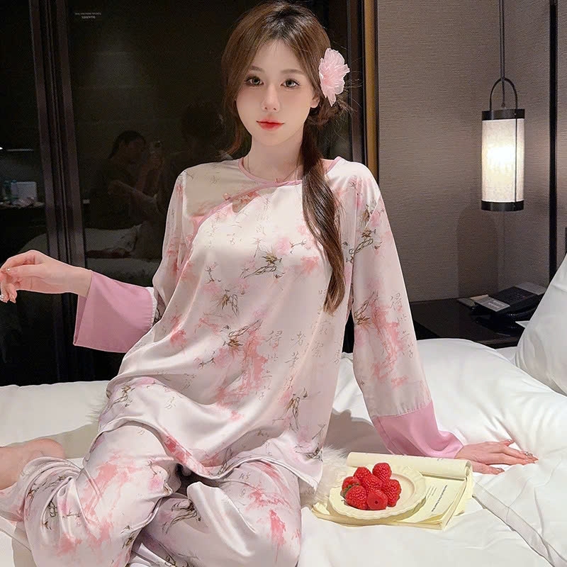 Bộ đồ ngủ phong cách dân tộc Trung Quốc nữ lụa băng cỡ lớn, mỏng nhẹ, rộng rãi DN117250