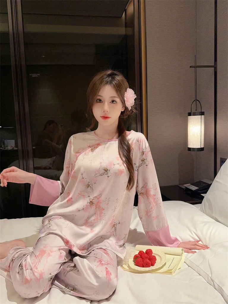 Bộ đồ ngủ phong cách dân tộc Trung Quốc nữ lụa băng cỡ lớn, mỏng nhẹ, rộng rãi DN117250
