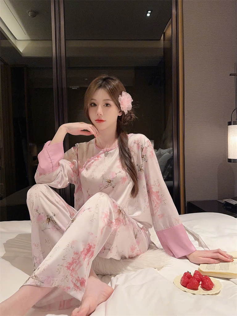 Bộ đồ ngủ phong cách dân tộc Trung Quốc nữ lụa băng cỡ lớn, mỏng nhẹ, rộng rãi DN117250