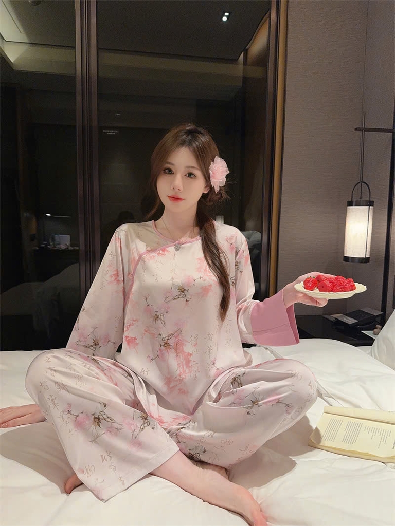 Bộ đồ ngủ phong cách dân tộc Trung Quốc nữ lụa băng cỡ lớn, mỏng nhẹ, rộng rãi DN117250