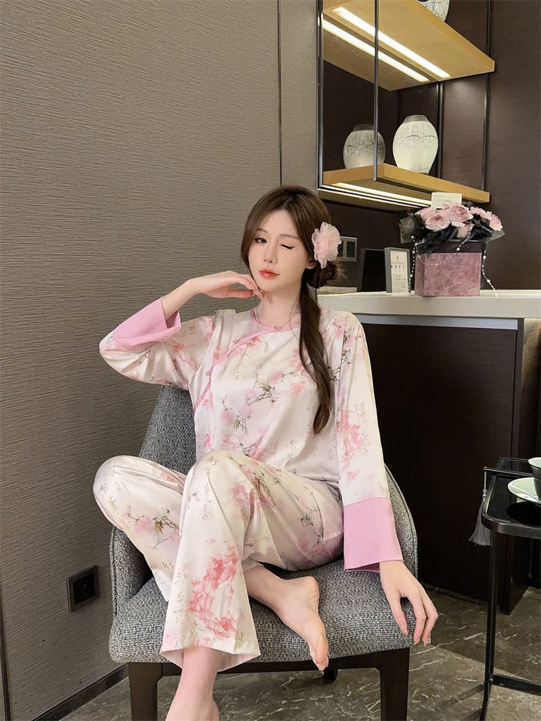 Bộ đồ ngủ phong cách dân tộc Trung Quốc nữ lụa băng cỡ lớn, mỏng nhẹ, rộng rãi DN117250