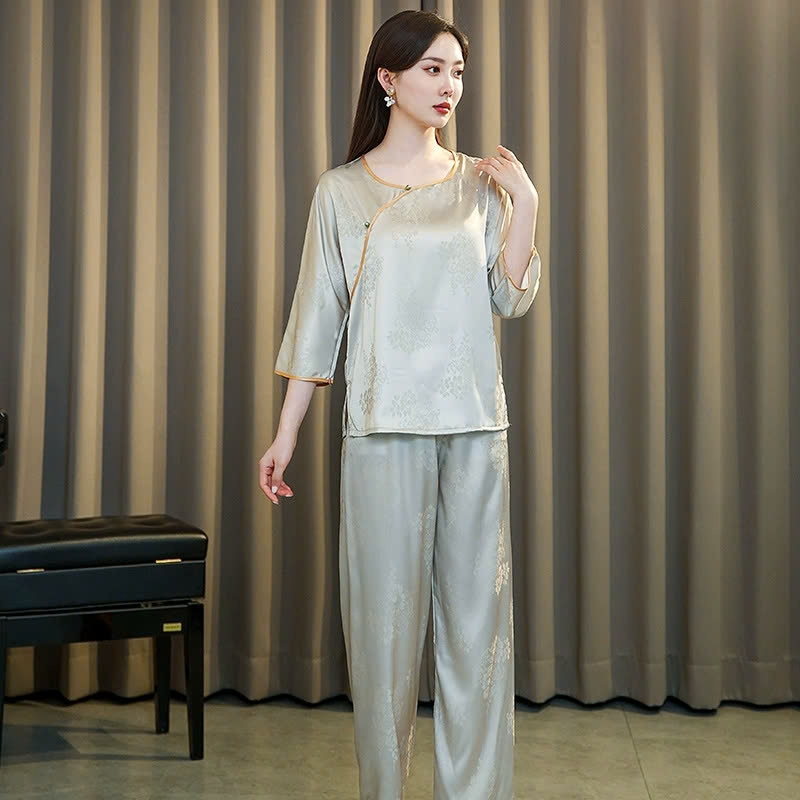 Bộ đồ ngủ lụa băng phong cách Trung Hoa màu vàng mỏng, jacquard cao cấp, kiểu dáng retro DN118250