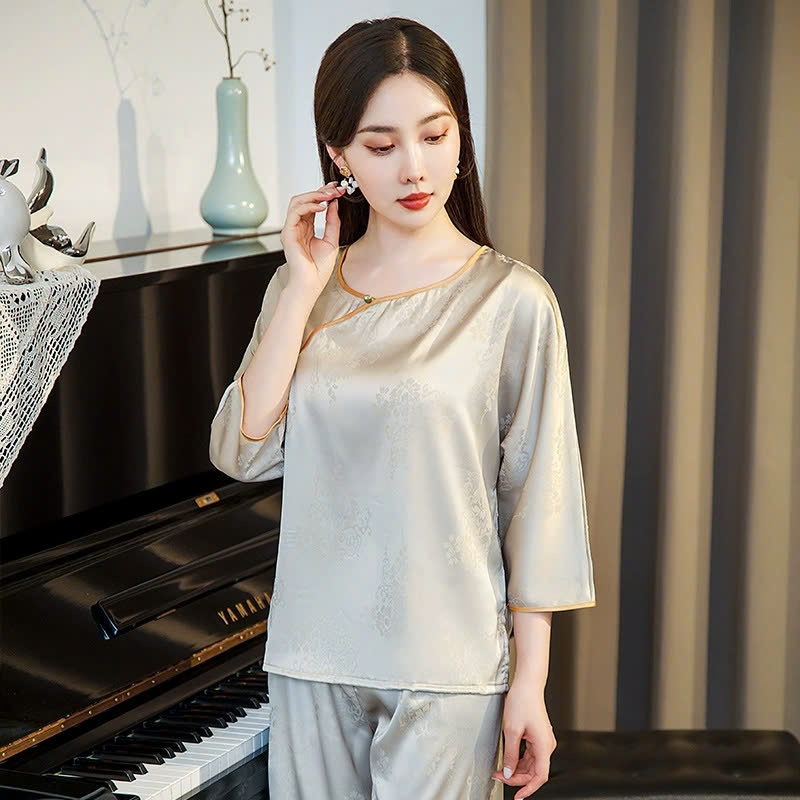Bộ đồ ngủ lụa băng phong cách Trung Hoa màu vàng mỏng, jacquard cao cấp, kiểu dáng retro DN118250