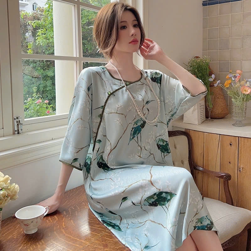 Bộ đồ ngủ phong cách Trung Quốc, lụa băng satin mỏng tay dài hai mảnh cài cúc XINY DN123250