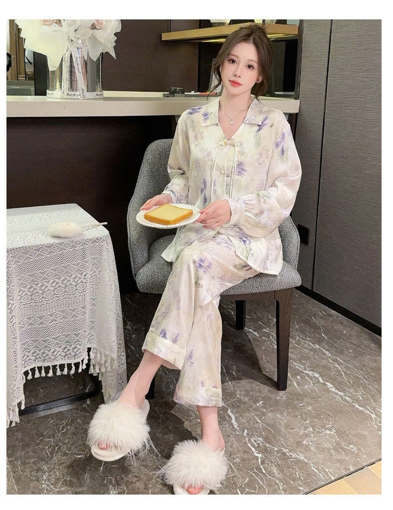 Bộ đồ ngủ phong cách Trung Quốc lụa băng tay dàI, cao cấp, mùa hè, nút cổ điển DN124250