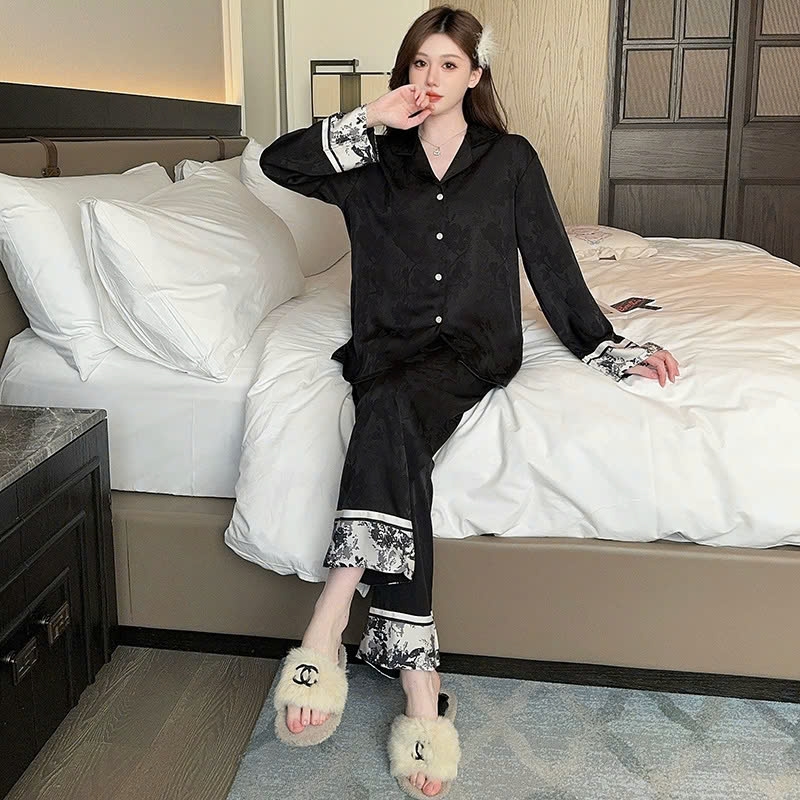 Bộ đồ ngủ lụa băng phong cách mùa xuân mới , quần dài, tay áo cardigan jacquard cao cấp DN125250