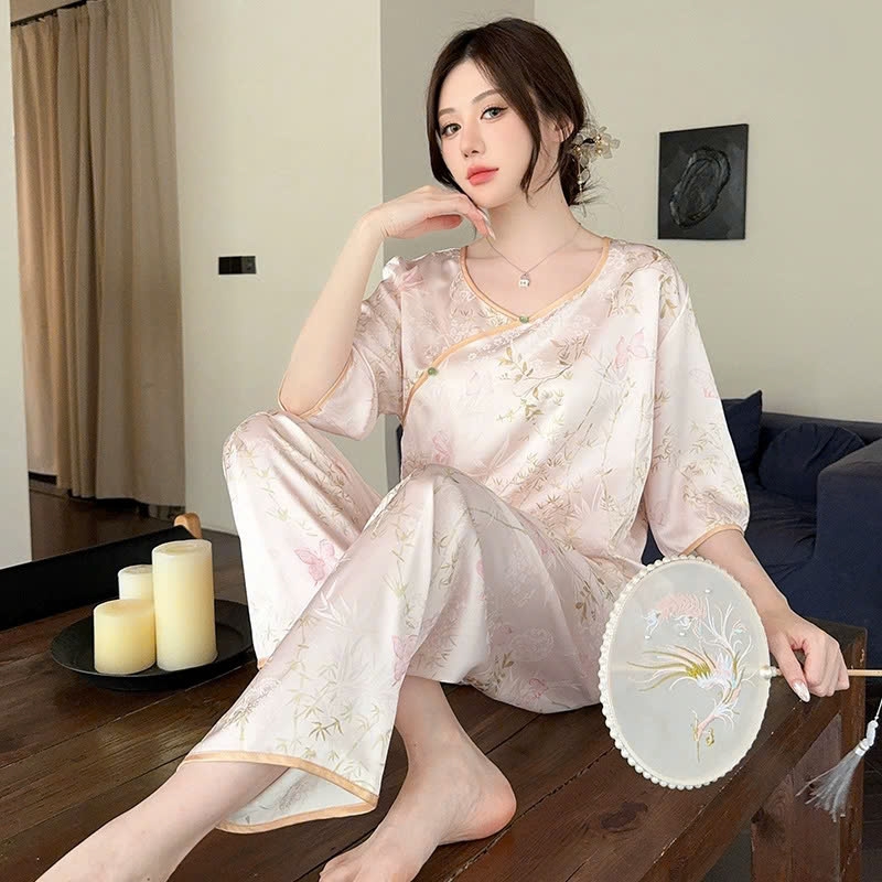 Bộ đồ ngủ phong cách Trung Hoa, in hình lá tre, cao cấp, phong cách cổ điển DN127250