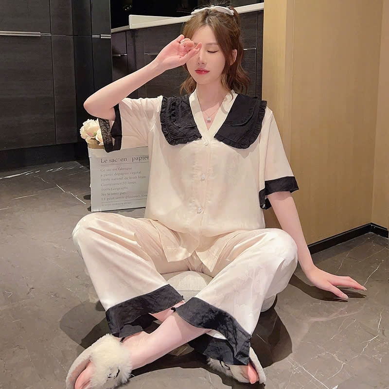Bộ đồ ngủ mùa hè lụa mỏng, tay ngắn, nhẹ nhàng và sang trọng, thiết kế ve áo tinh tế DN131250