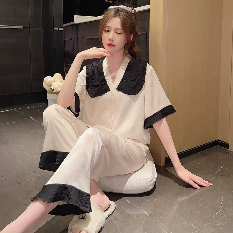 Bộ đồ ngủ mùa hè lụa mỏng, tay ngắn, nhẹ nhàng và sang trọng, thiết kế ve áo tinh tế DN131250