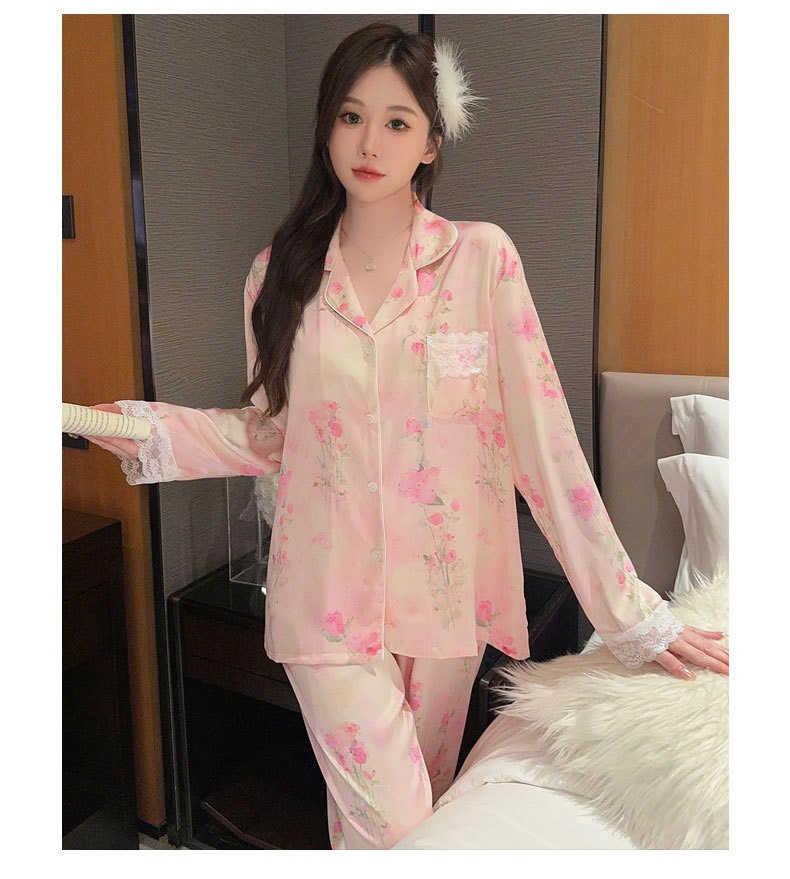 Bộ đồ ngủ lụa băng cao cấp, quần dài cổ V tay dài, thanh lịch, thoải mái DN136250