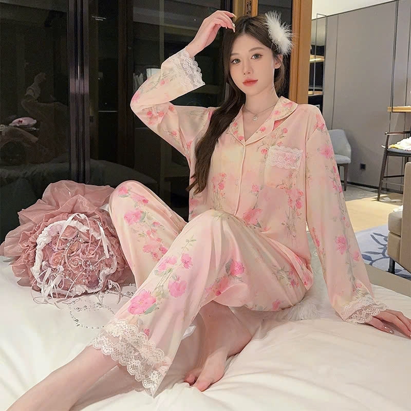 Bộ đồ ngủ lụa băng cao cấp, quần dài cổ V tay dài, thanh lịch, thoải mái DN136250