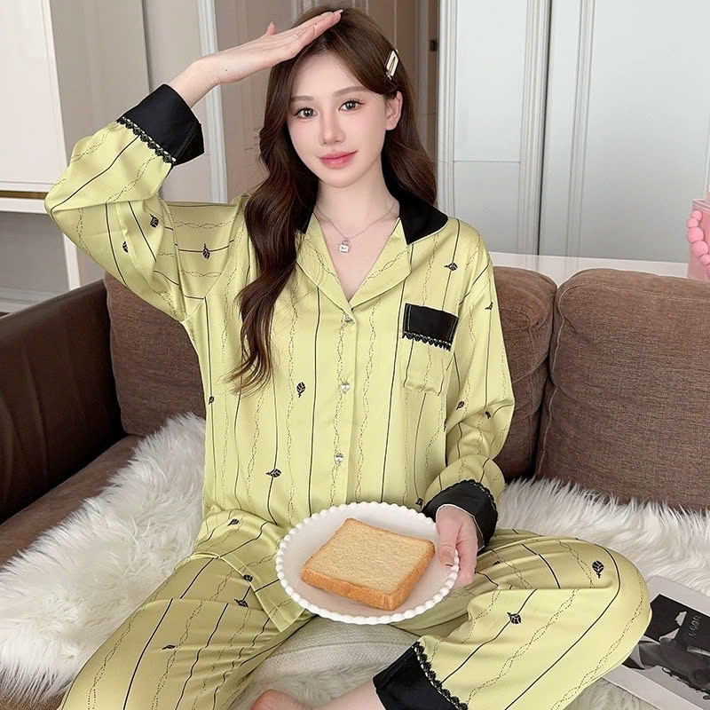 Bộ đồ ngủ lụa tuyết kẻ sọc, áo len cardigan dài tay nhẹ, sang trọng DN139250