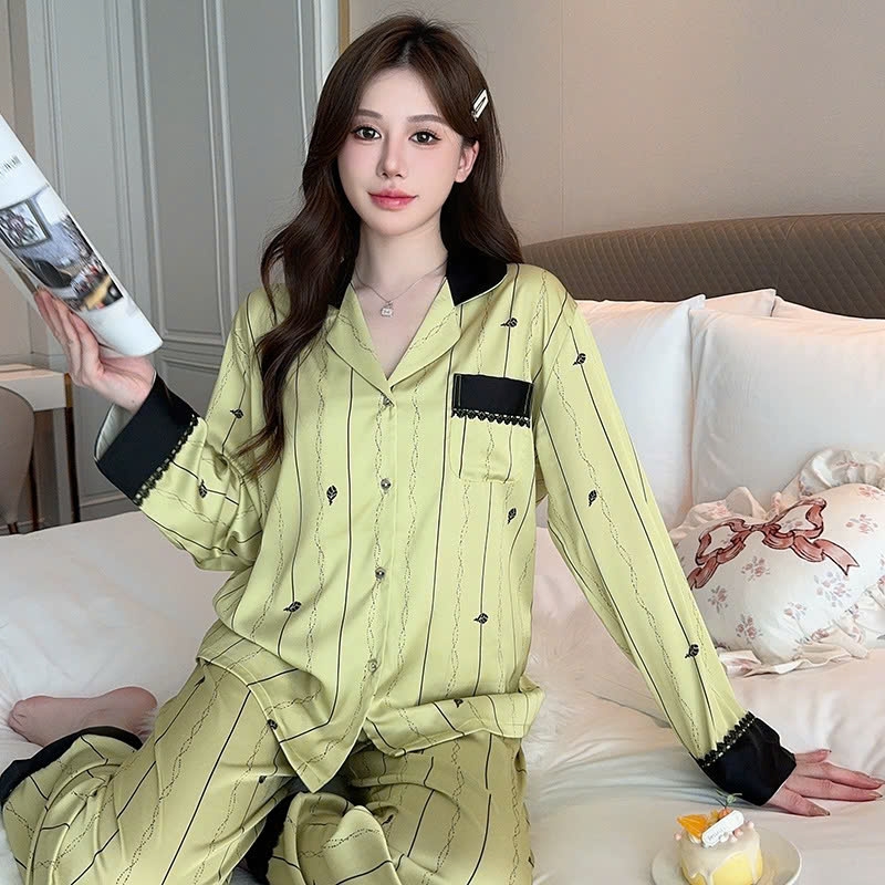 Bộ đồ ngủ lụa tuyết kẻ sọc, áo len cardigan dài tay nhẹ, sang trọng DN139250