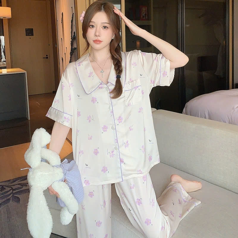 Bộ đồ ngủ lụa băng cho nữ mùa hè, mỏng nhẹ, tay ngắn in họa tiết ngọt ngào DN141250