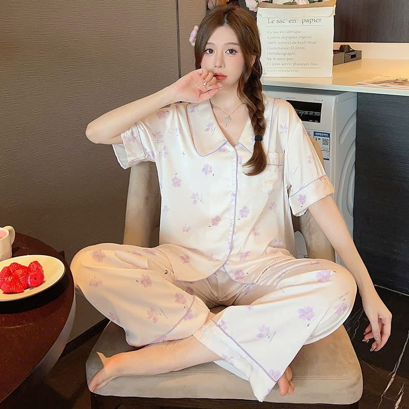 Bộ đồ ngủ lụa băng cho nữ mùa hè, mỏng nhẹ, tay ngắn in họa tiết ngọt ngào DN141250