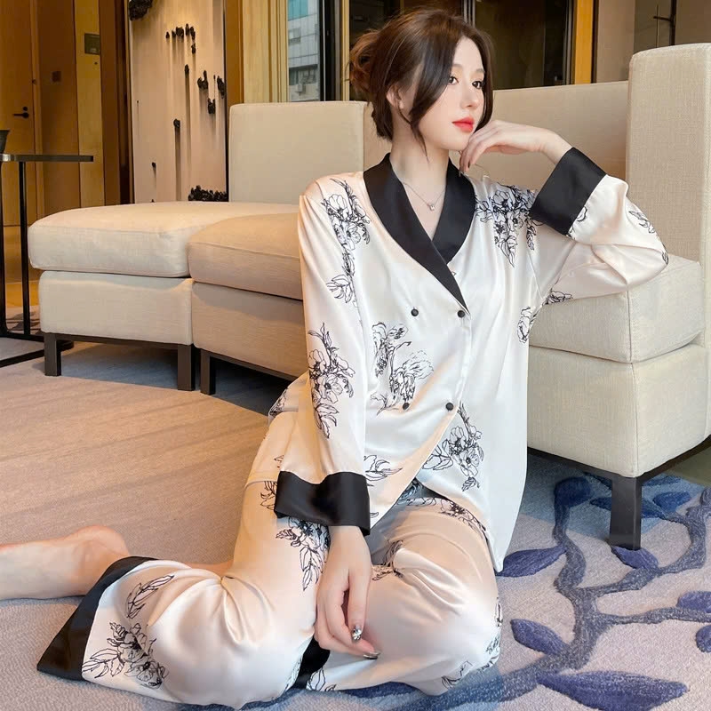 Bộ đồ ngủ áo len cardigan dài tay bằng lụa băng, phong cách Pháp cổ điển DN142250