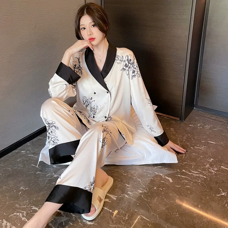 Bộ đồ ngủ áo len cardigan dài tay bằng lụa băng, phong cách Pháp cổ điển DN142250